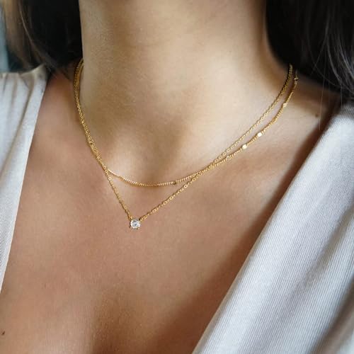 BERISO 14K Gold/Silver Plated Choker Necklace for Women Shining Dots Station Gold Chain Necklace Beads Sparkle Chain Necklace Link Chain Exquisite Jewelry for women - Image 3