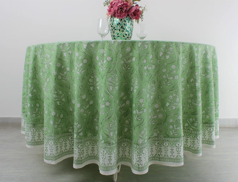 Ridhi Pear Green 100 Cotton Round 60 Tablecloth Hand Block Print Washable Reusable Table Cover Farmhouse Parties Buffet Dining Weddings Country French Easter Summer Fall Spring Thanksgiving