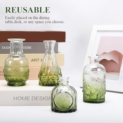 HASTHIP® 10pcs Glass Vase Set for Flowers, Transparent Green Gradient Glass Vases Decor Home Flower Vases Retro Embossed Bud Vase Set for Floral Arrangements - Image 3