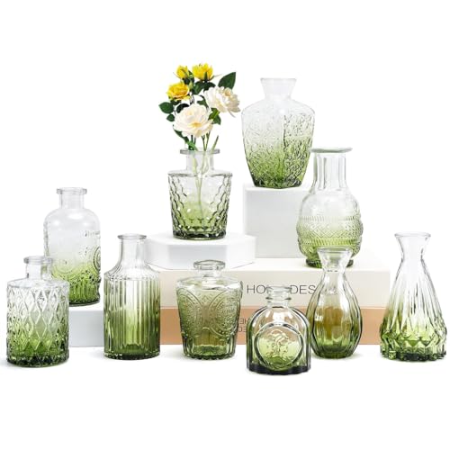 HASTHIP® 10pcs Glass Vase Set for Flowers, Transparent Green Gradient Glass Vases Decor Home Flower Vases Retro Embossed Bud Vase Set for Floral Arrangements - Image 1