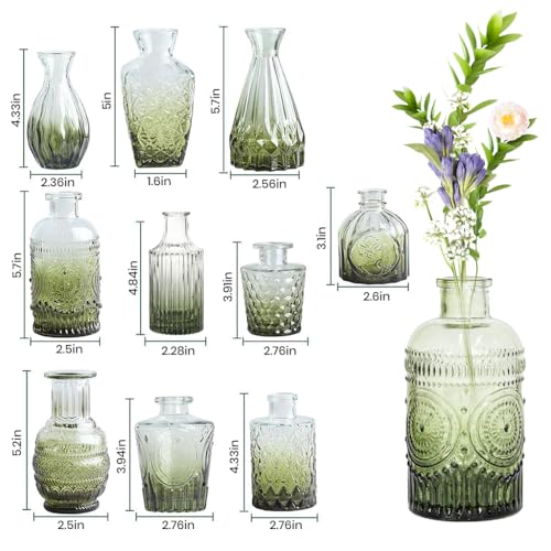 HASTHIP® 10pcs Glass Vase Set for Flowers, Transparent Green Gradient Glass Vases Decor Home Flower Vases Retro Embossed Bud Vase Set for Floral Arrangements - Image 2