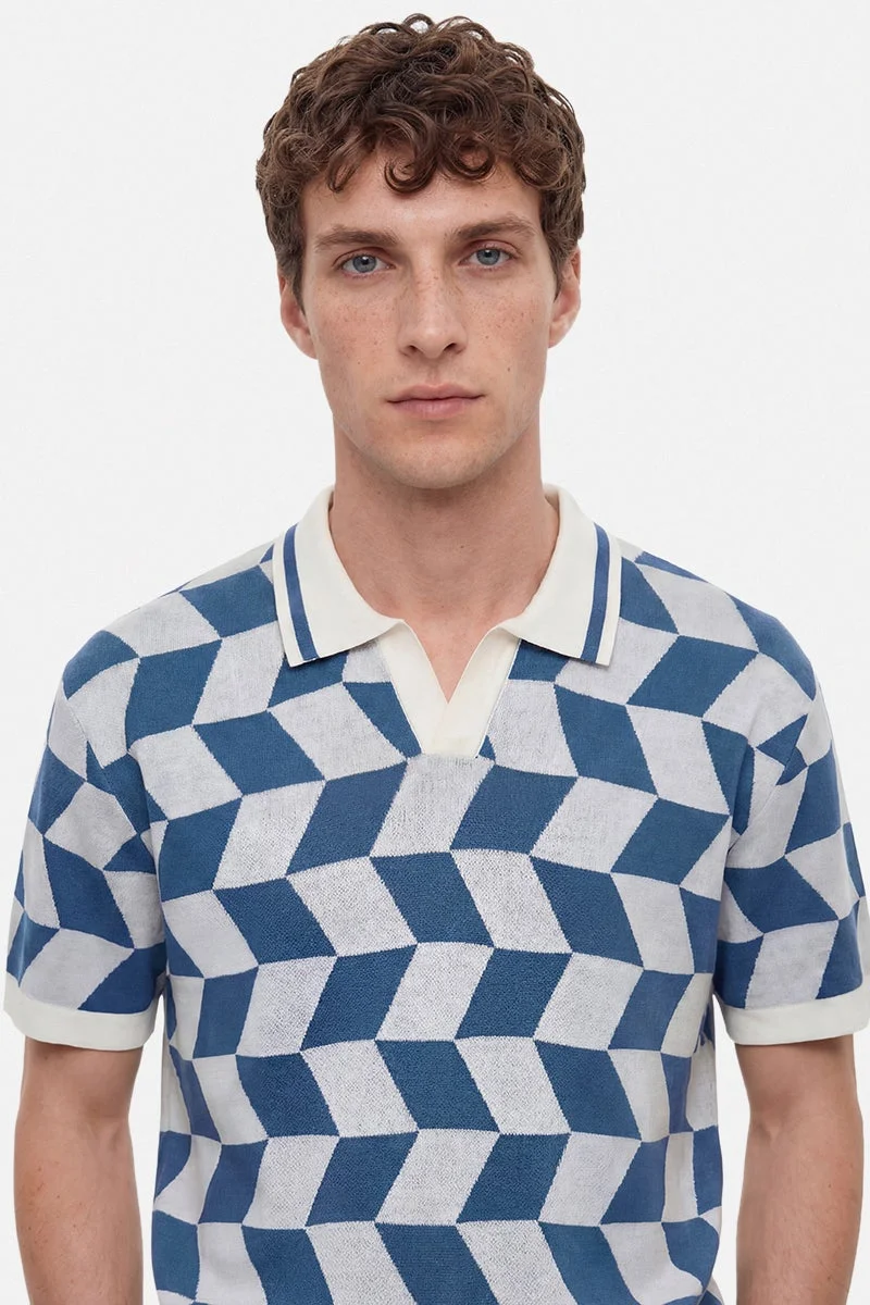 SNITCH Blue Geometric Half Sleeve Oversized T-Shirt