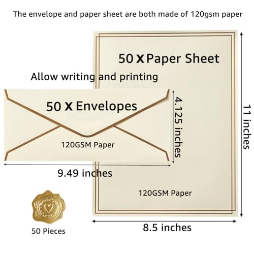 Topeen 50 Pack Stationery Set with Gold Border 10 Business Envelopes and 85x11 Paper Sheets and Stickers for Writing Letters Cream Color 85x11 Inches - Image 3