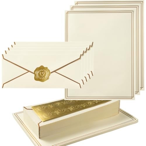 Topeen 50 Pack Stationery Set with Gold Border 10 Business Envelopes and 85x11 Paper Sheets and Stickers for Writing Letters Cream Color 85x11 Inches - Image 1