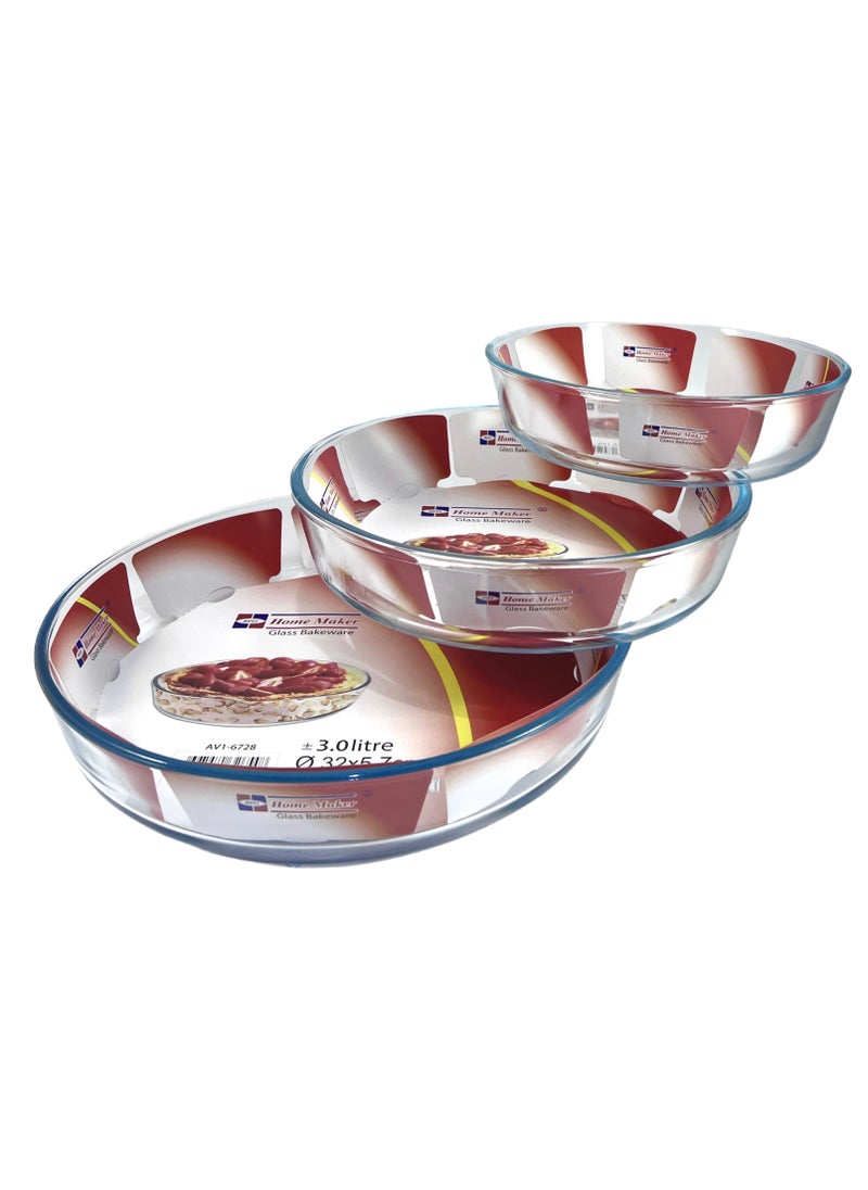 Homemaker 3 Pieces Round Glass Baking Dish Set 3 Lt + 2.1 Lt + 1.5 Lt Capacity - Clear  - Image 1
