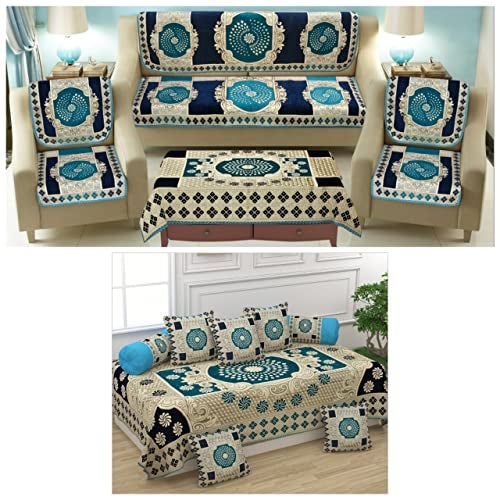 SAWNA HOMES Heavy 5 Seater Printed Sofa Cover Set 3,1,1 Seater with Diwan Bedsheet, 5 Cushion Covers, 2 Bolster Covers, Comfortable Furniture Protector for Home Décor (15 Pieces, Sky) - Image 1