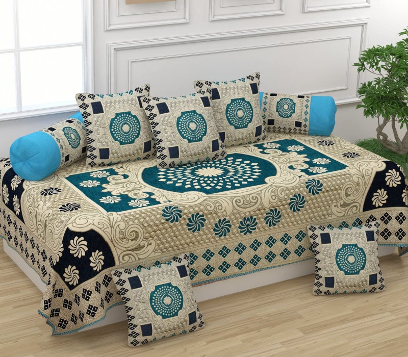 SAWNA HOMES Heavy 5 Seater Printed Sofa Cover Set 3,1,1 Seater with Diwan Bedsheet, 5 Cushion Covers, 2 Bolster Covers, Comfortable Furniture Protector for Home Décor (15 Pieces, Sky) - Image 3