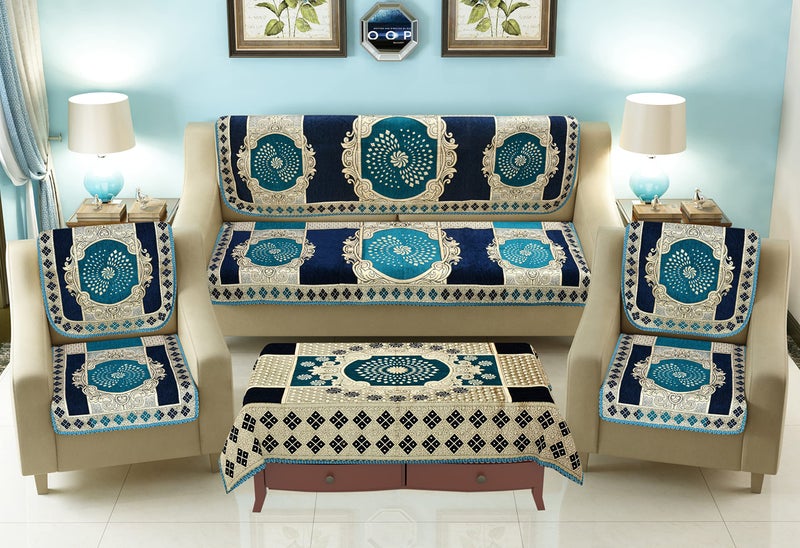 SAWNA HOMES Heavy 5 Seater Printed Sofa Cover Set 3,1,1 Seater with Diwan Bedsheet, 5 Cushion Covers, 2 Bolster Covers, Comfortable Furniture Protector for Home Décor (15 Pieces, Sky) - Image 2