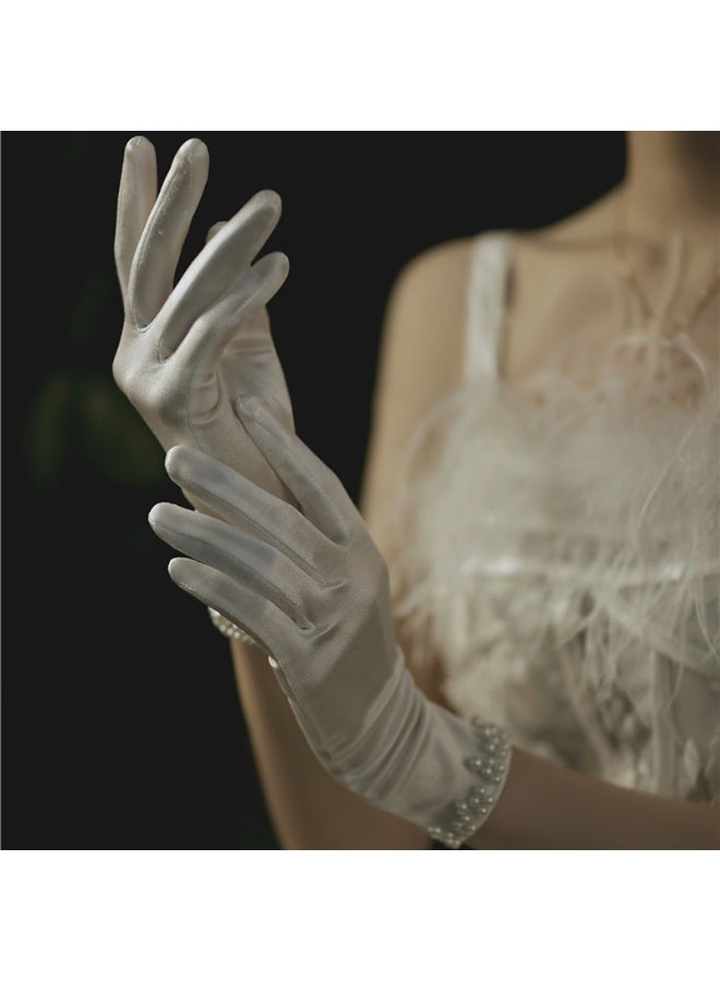Bridal Short Gloves, Wrist Full Finger Gloves for Wedding Opera Dinner Party Dance  - Image 4