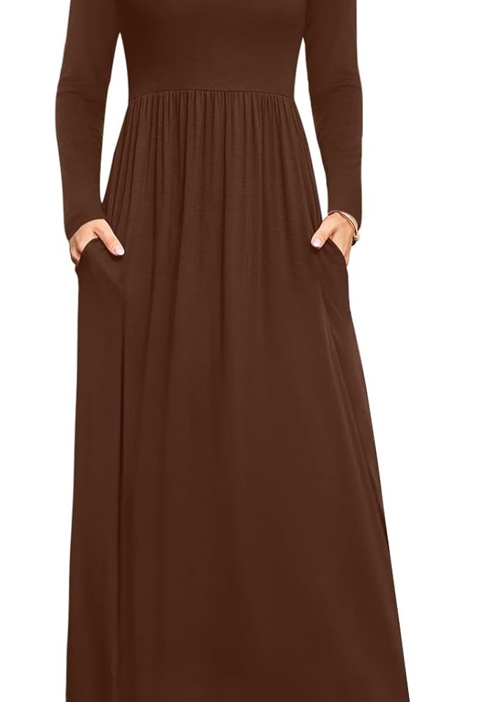 Women's Casual Long Sleeve Maxi Dress with Pockets - Brown - Image 1