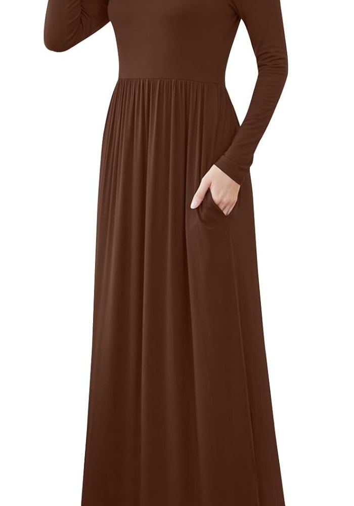 Women's Casual Long Sleeve Maxi Dress with Pockets - Brown - Image 2