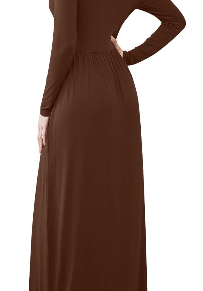 Women's Casual Long Sleeve Maxi Dress with Pockets - Brown - Image 3