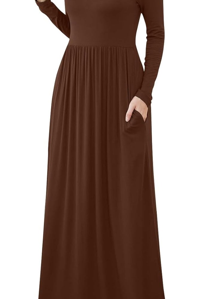 Women's Casual Long Sleeve Maxi Dress with Pockets - Brown - Image 4