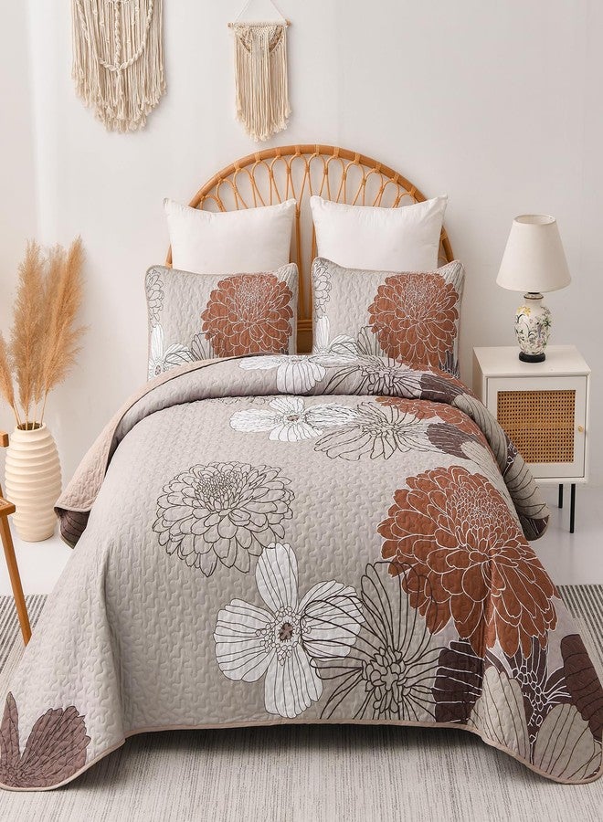 Anibedding King Quilt Sets Brown Floral Pattern Quilt Bedding Set, 3 Pieces Botanical Quilt Bedspread Coverlet Set, Soft Microfiber Bed Coverlet Bedding Set for All Season((104" x 90) - Image 2