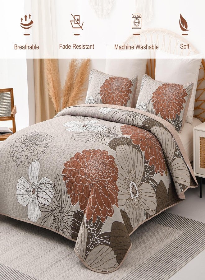 Anibedding King Quilt Sets Brown Floral Pattern Quilt Bedding Set, 3 Pieces Botanical Quilt Bedspread Coverlet Set, Soft Microfiber Bed Coverlet Bedding Set for All Season((104" x 90) - Image 4