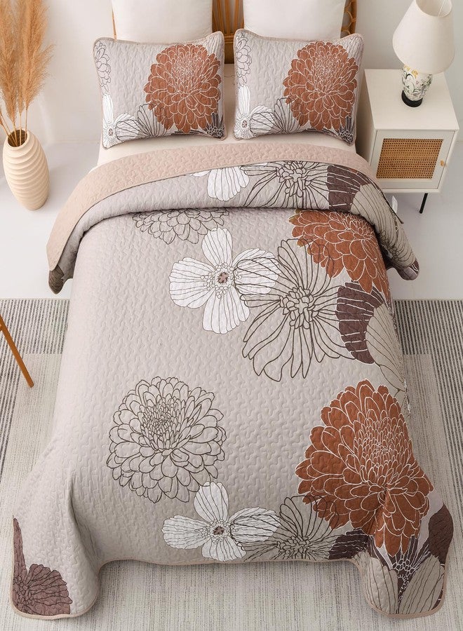 Anibedding King Quilt Sets Brown Floral Pattern Quilt Bedding Set, 3 Pieces Botanical Quilt Bedspread Coverlet Set, Soft Microfiber Bed Coverlet Bedding Set for All Season((104" x 90) - Image 3