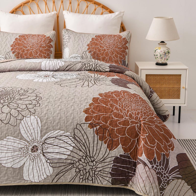 Anibedding King Quilt Sets Brown Floral Pattern Quilt Bedding Set, 3 Pieces Botanical Quilt Bedspread Coverlet Set, Soft Microfiber Bed Coverlet Bedding Set for All Season((104" x 90) - Image 1