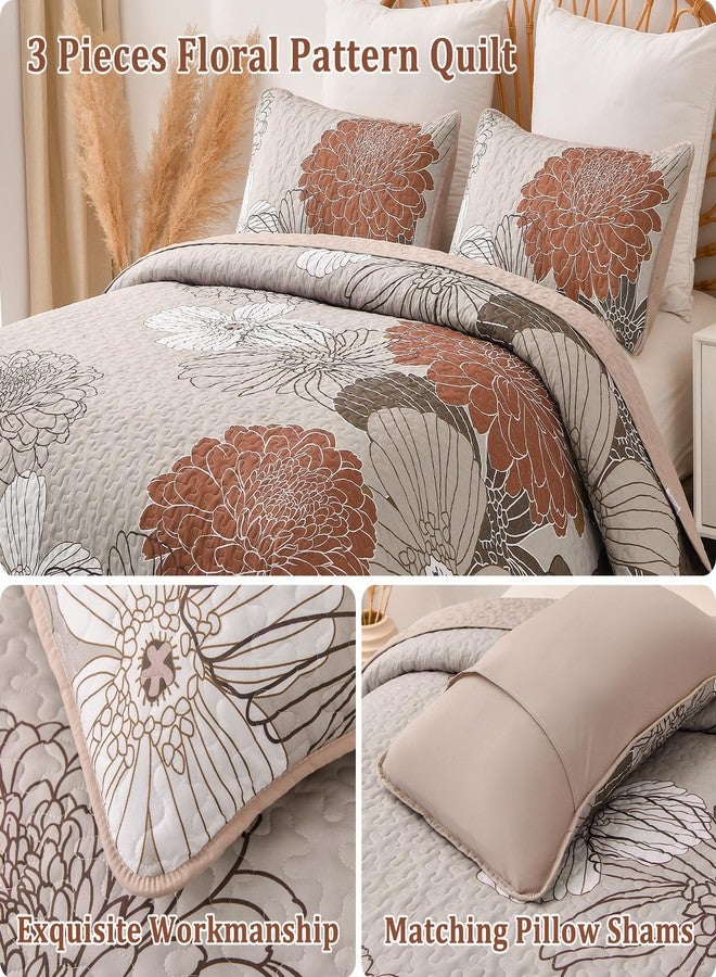 Anibedding King Quilt Sets Brown Floral Pattern Quilt Bedding Set, 3 Pieces Botanical Quilt Bedspread Coverlet Set, Soft Microfiber Bed Coverlet Bedding Set for All Season((104" x 90) - Image 5