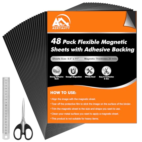 Aertiavty 48 Packs Magnetic Sheets with Adhesive Backing 85x11 Inch Adhesive Magnetic Sheets for Dies Storage 20 Mil Magnetic Contact Paper Peel and Stick Magnetic Strips with Adhesive Backing