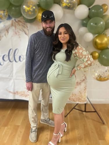 LAHILO Floral Mesh Bishop Long Sleeve Maternity Midi Dress, Fall Maternity Bodycon Dress for Baby Shower Light Green - Image 2