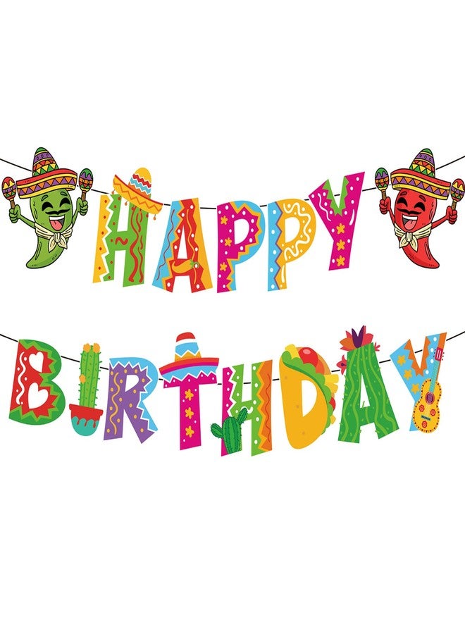 BHNACIER Mexican Fiesta Happy Birthday Banner 2Pcs Mexican Birthday Banner Colorful Fiesta Bunting Garland Cinco De Mayo Taco Party Banner for Cinco De Mayo Hanging Decor Party Decorations - Image 1