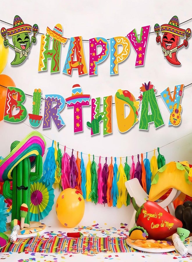 BHNACIER Mexican Fiesta Happy Birthday Banner 2Pcs Mexican Birthday Banner Colorful Fiesta Bunting Garland Cinco De Mayo Taco Party Banner for Cinco De Mayo Hanging Decor Party Decorations - Image 3