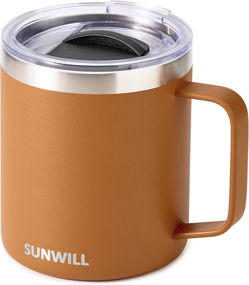 SUNWILL Insulated Coffee Mug with Lid, Travel Tumbler with Handle, 14 oz Stainless Steel Cup for Camping, Office, Home, Powder Coated Caramel - Image 1