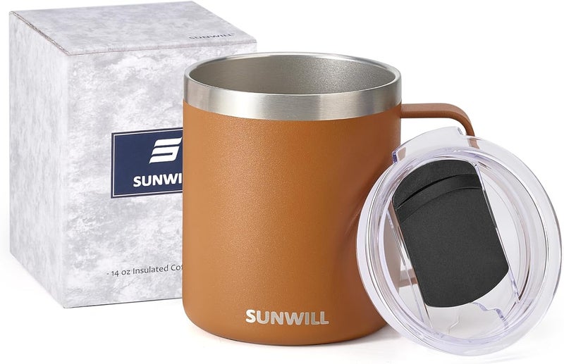 SUNWILL Insulated Coffee Mug with Lid, Travel Tumbler with Handle, 14 oz Stainless Steel Cup for Camping, Office, Home, Powder Coated Caramel - Image 5