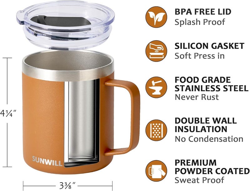 SUNWILL Insulated Coffee Mug with Lid, Travel Tumbler with Handle, 14 oz Stainless Steel Cup for Camping, Office, Home, Powder Coated Caramel - Image 2