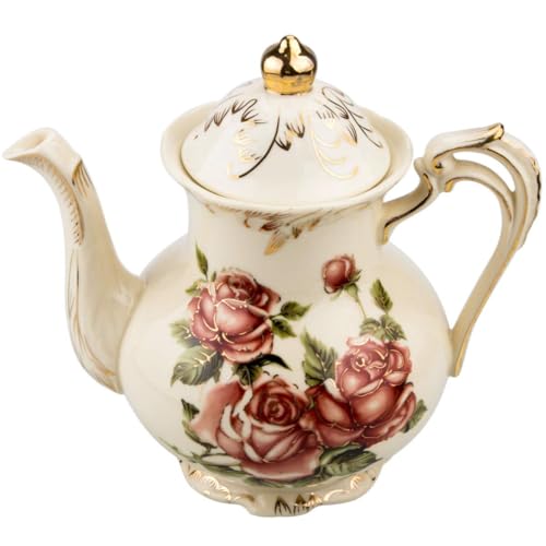 STARVAST Rose Pattern Ceramic Tea Pot, STARVAST Vintage Floral Pottery Teapot Ivory 28oz Large Porcelain Decorative Teapot, Gifts or Collections Idea (Capacity: 800 mL) - Image 1