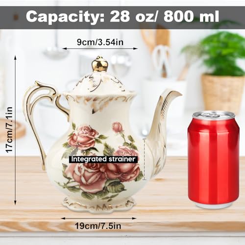 STARVAST Rose Pattern Ceramic Tea Pot, STARVAST Vintage Floral Pottery Teapot Ivory 28oz Large Porcelain Decorative Teapot, Gifts or Collections Idea (Capacity: 800 mL) - Image 2
