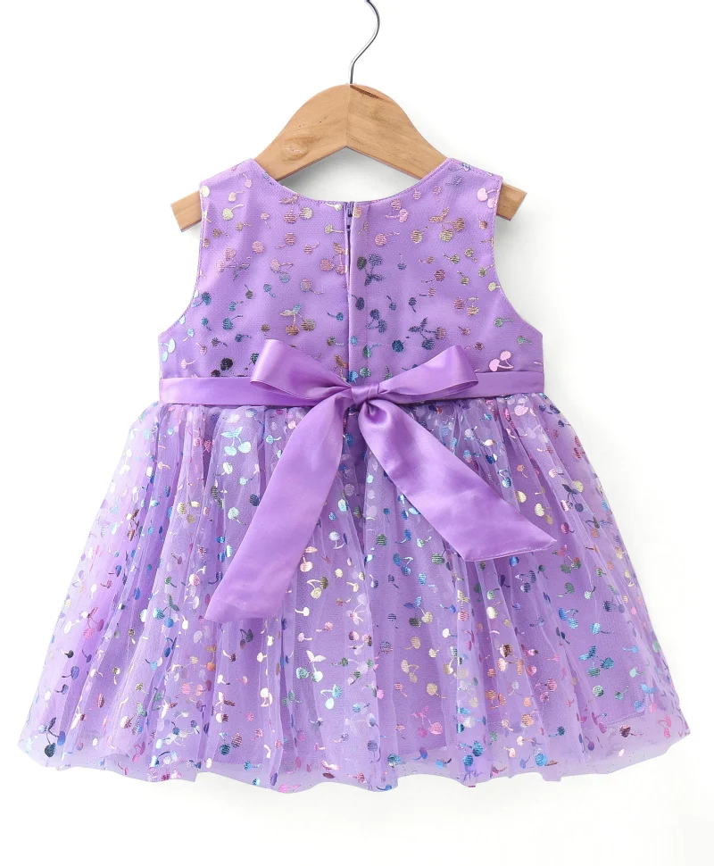 babyhug Babyhug Sleeveless All Over Foil Printed Party Frock with Bow - Lavender