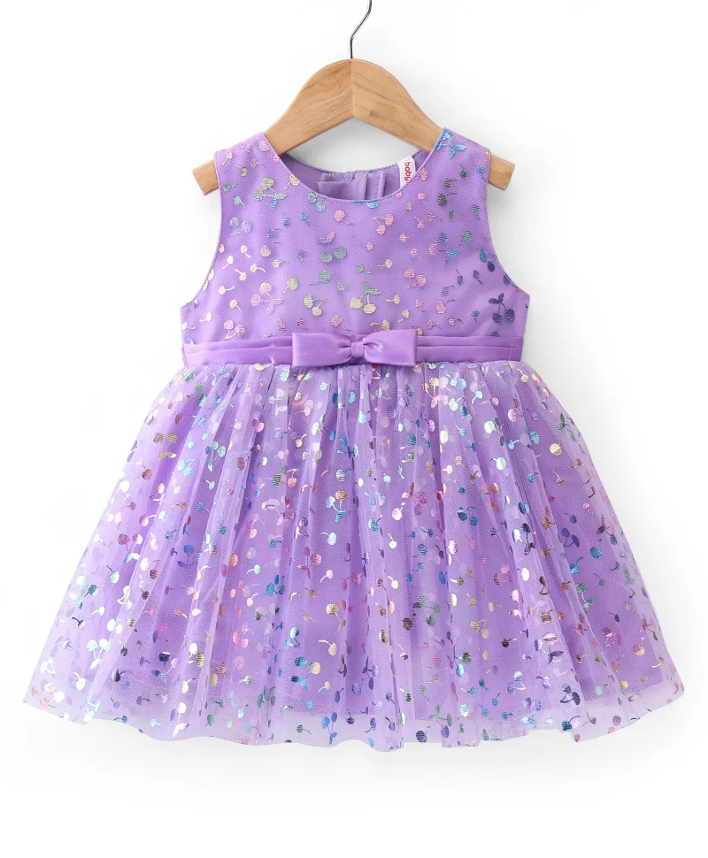 babyhug Babyhug Sleeveless All Over Foil Printed Party Frock with Bow - Lavender