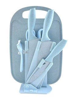 RollsTimi  7-Piece Wheat Straw Kitchen Knife With Cutting Board Set Blue  - Image 1