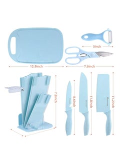 RollsTimi  7-Piece Wheat Straw Kitchen Knife With Cutting Board Set Blue  - Image 4