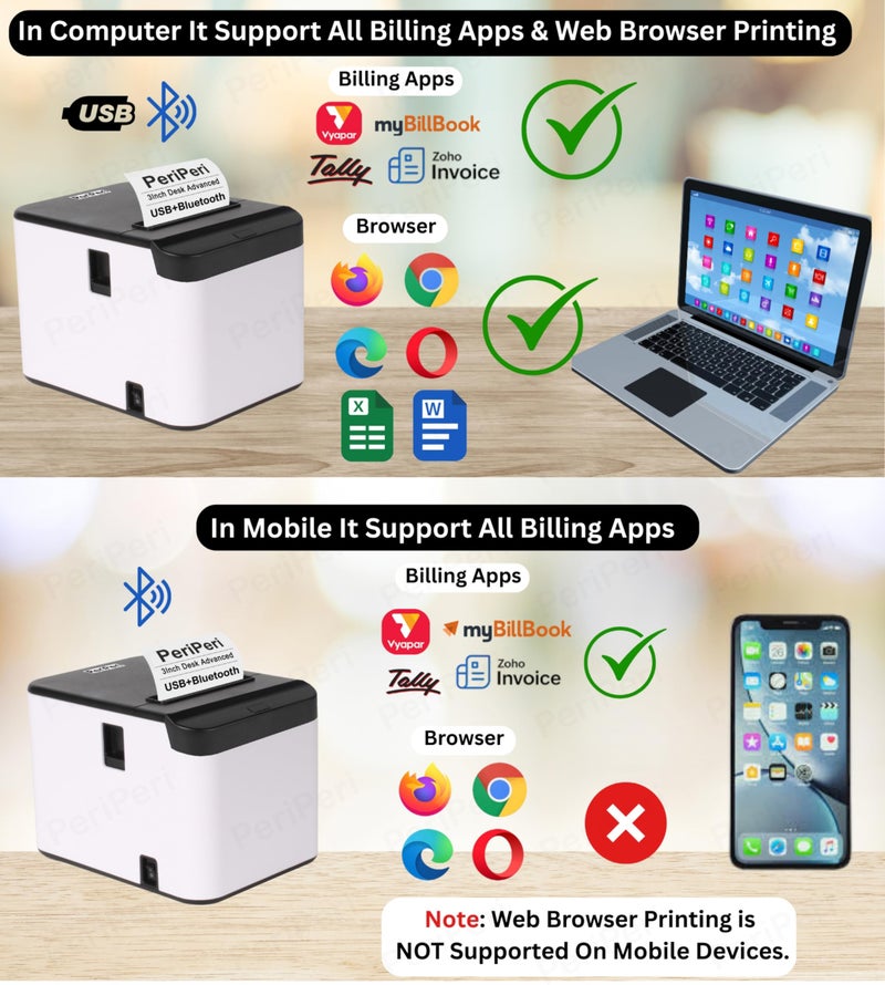 PeriPeri 3inch Desk Advanced 80mm Inkless Receipt Thermal Printer with Auto Cutter & Cash Drawer Support, ESC/POS Bill Print (1Year Warranty) (USB+Bluetooth) - Image 3