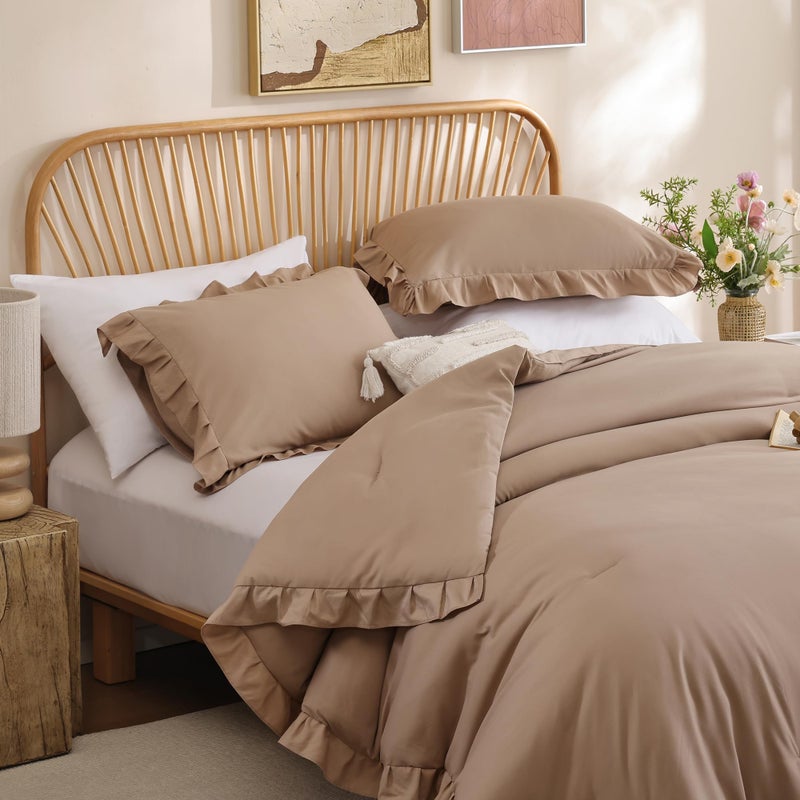 JANZAA Queen Ruffled Comforter Set 3PCS (1 Taupe Comforter Set and 2 Pillowcases) Vintage Farmhouse Shabby Chic Bedding Soft Fluffy Bed Set All Season - Image 3
