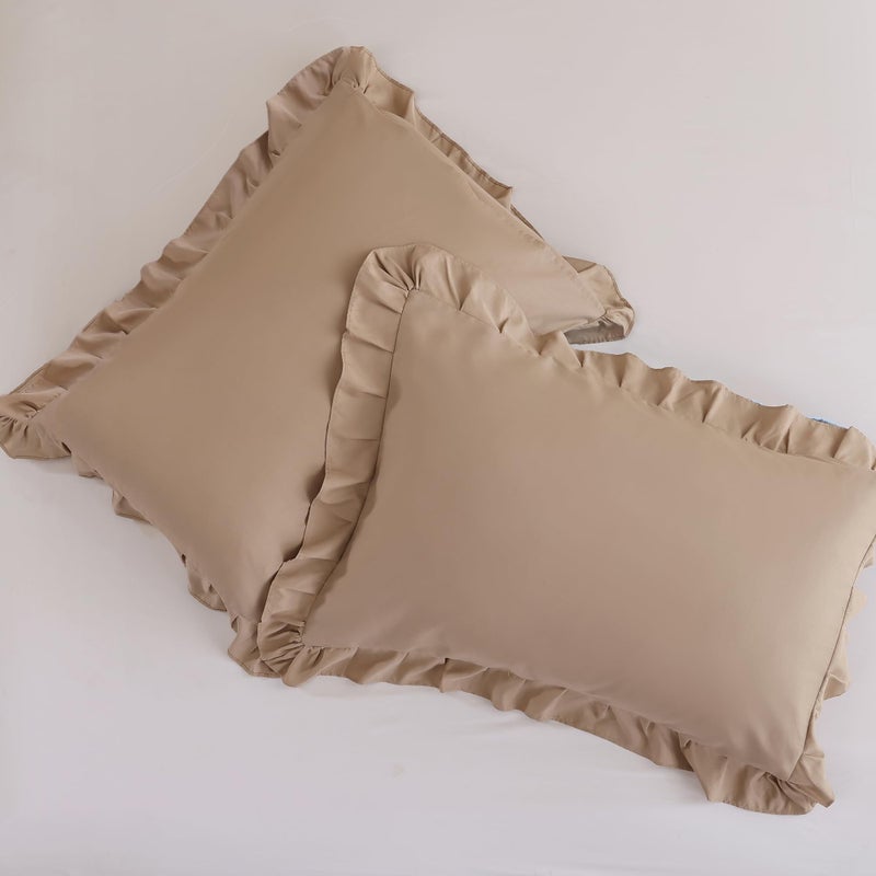 JANZAA Queen Ruffled Comforter Set 3PCS (1 Taupe Comforter Set and 2 Pillowcases) Vintage Farmhouse Shabby Chic Bedding Soft Fluffy Bed Set All Season - Image 5