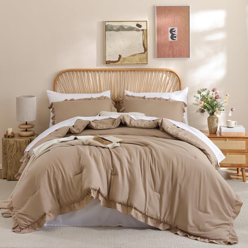 JANZAA Queen Ruffled Comforter Set 3PCS (1 Taupe Comforter Set and 2 Pillowcases) Vintage Farmhouse Shabby Chic Bedding Soft Fluffy Bed Set All Season - Image 1