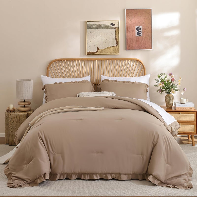 JANZAA Queen Ruffled Comforter Set 3PCS (1 Taupe Comforter Set and 2 Pillowcases) Vintage Farmhouse Shabby Chic Bedding Soft Fluffy Bed Set All Season - Image 4