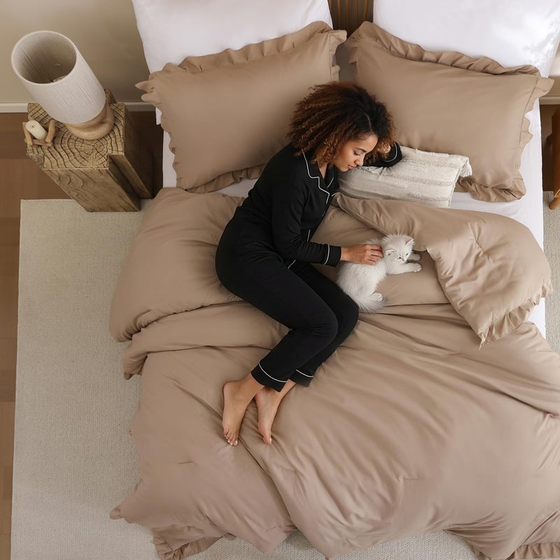 JANZAA Queen Ruffled Comforter Set 3PCS (1 Taupe Comforter Set and 2 Pillowcases) Vintage Farmhouse Shabby Chic Bedding Soft Fluffy Bed Set All Season - Image 2