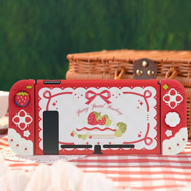 GeekShare Protective Case for Switch Slim Cover Case Compatible with Switch Separable Soft Silicone Protective Shell for Joysticks with 2 Thumb Grip Caps- Strawberries with Cream - Image 5