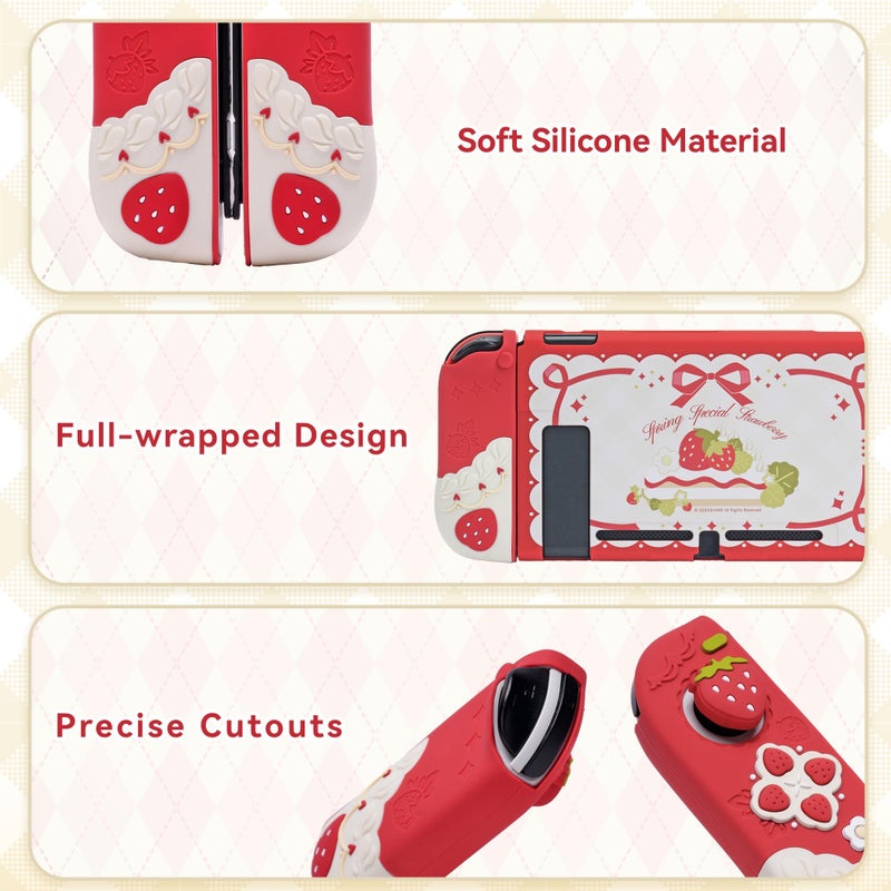 GeekShare Protective Case for Switch Slim Cover Case Compatible with Switch Separable Soft Silicone Protective Shell for Joysticks with 2 Thumb Grip Caps- Strawberries with Cream - Image 3