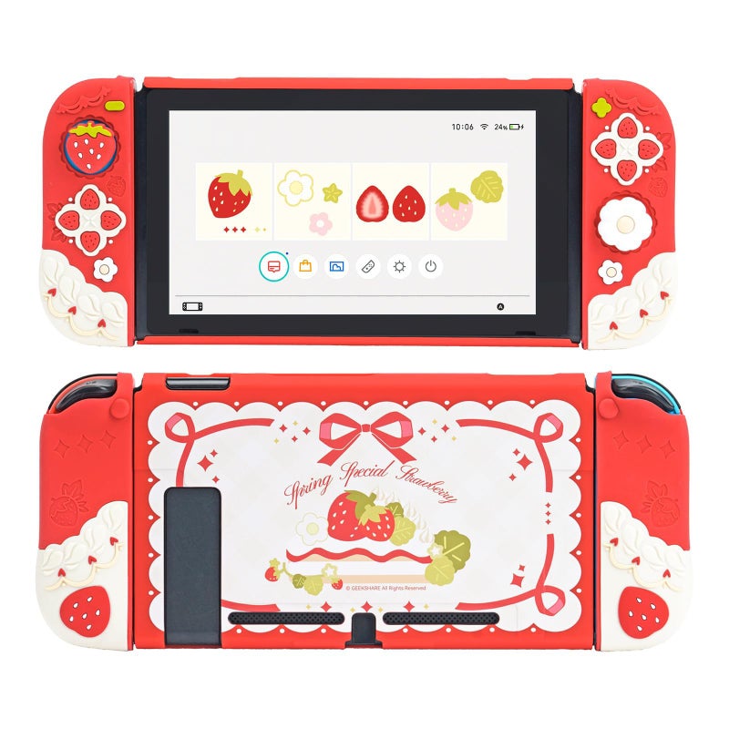 GeekShare Protective Case for Switch Slim Cover Case Compatible with Switch Separable Soft Silicone Protective Shell for Joysticks with 2 Thumb Grip Caps- Strawberries with Cream - Image 1