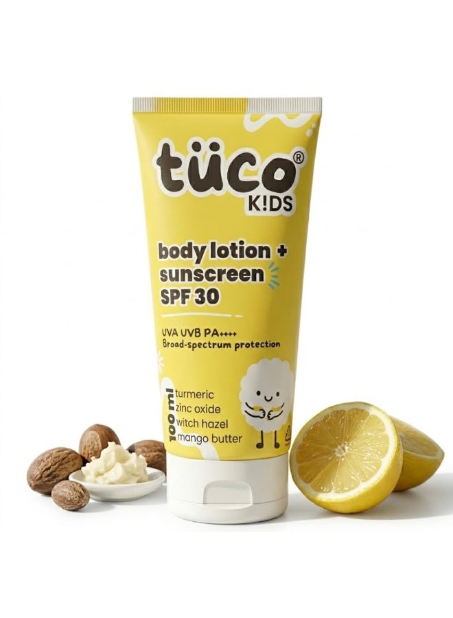 TuCo لوشن واقي شمس للأطفال من Tuco® | للجسم والوجه | عامل حماية SPF 30 | للأعمار من 3 إلى 15 سنة | يحتوي على الكركم وعرق السوس وزبدة المانجو | حماية واسعة النطاق (UVA/UVB) ومعيار PA++++ | مقاوم للماء | خالٍ من البنزوفينون-3 والأفوبنزون ​​| 100 مل - Image 1