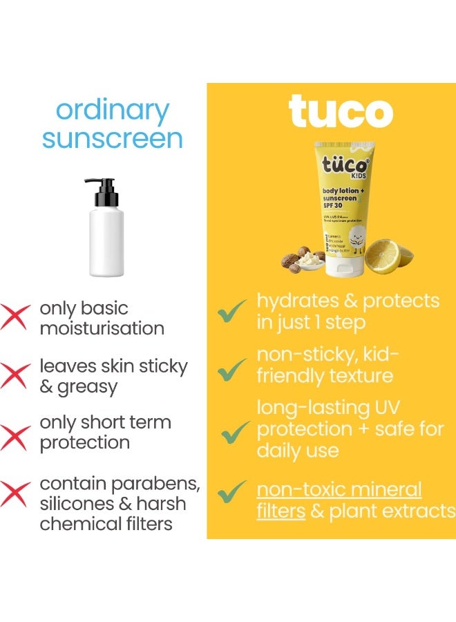 TuCo لوشن واقي شمس للأطفال من Tuco® | للجسم والوجه | عامل حماية SPF 30 | للأعمار من 3 إلى 15 سنة | يحتوي على الكركم وعرق السوس وزبدة المانجو | حماية واسعة النطاق (UVA/UVB) ومعيار PA++++ | مقاوم للماء | خالٍ من البنزوفينون-3 والأفوبنزون ​​| 100 مل - Image 4