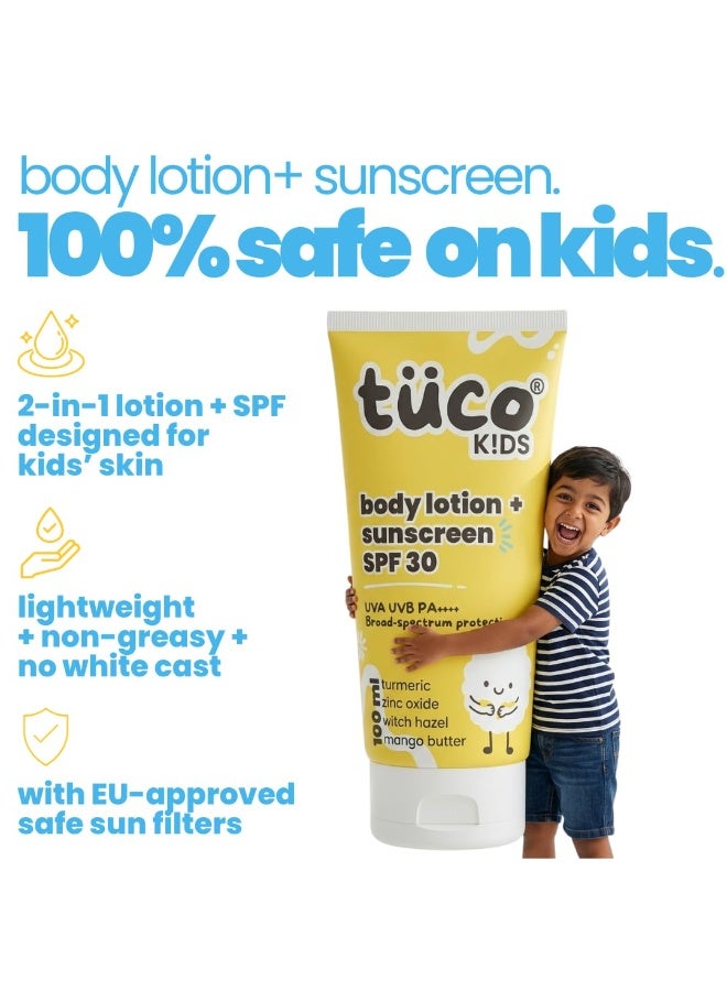 TuCo لوشن واقي شمس للأطفال من Tuco® | للجسم والوجه | عامل حماية SPF 30 | للأعمار من 3 إلى 15 سنة | يحتوي على الكركم وعرق السوس وزبدة المانجو | حماية واسعة النطاق (UVA/UVB) ومعيار PA++++ | مقاوم للماء | خالٍ من البنزوفينون-3 والأفوبنزون ​​| 100 مل - Image 2