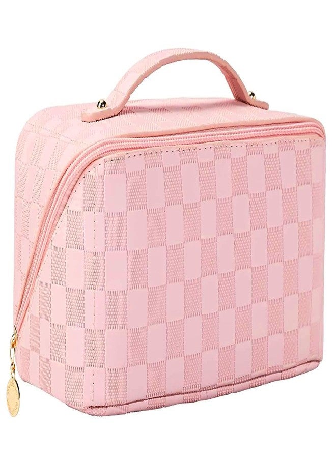 SKYFUN (LABEL) Pu Leather Mini Cosmetic Organizer Storage Zipper Pouch Bag Kit Case Bathroom Makeup Box (Pink Checkered, Large) - Image 1