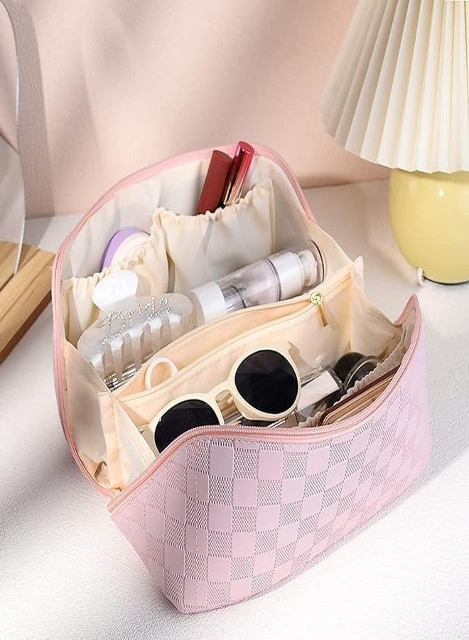 SKYFUN (LABEL) Pu Leather Mini Cosmetic Organizer Storage Zipper Pouch Bag Kit Case Bathroom Makeup Box (Pink Checkered, Large) - Image 4