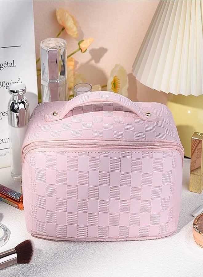 SKYFUN (LABEL) Pu Leather Mini Cosmetic Organizer Storage Zipper Pouch Bag Kit Case Bathroom Makeup Box (Pink Checkered, Large) - Image 2